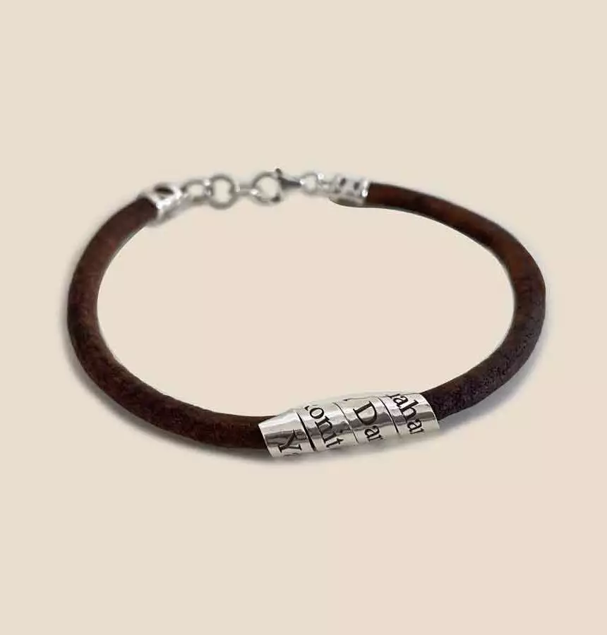 Personalized Hebrew Silver and Leather Bracelet 
