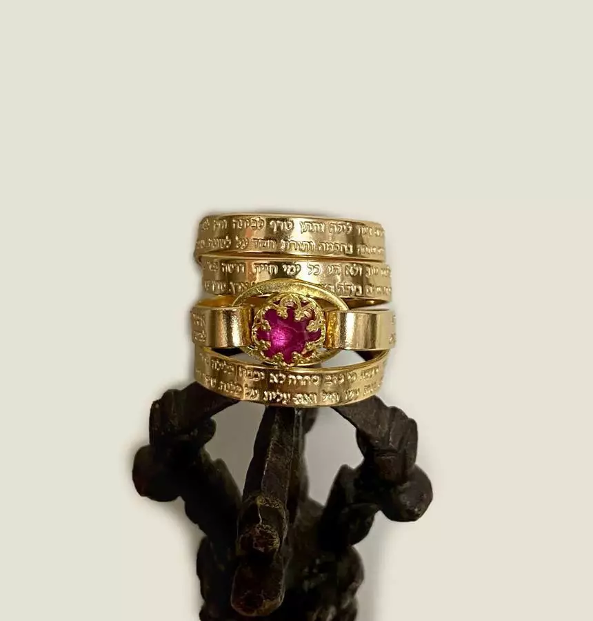 Statement Ring, Engraved with Woman of Valor in Hebrew, Ruby Ring 