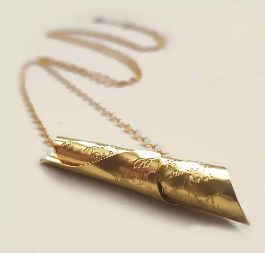 Gold Adjustable Necklace Engraved with Hebrew Lyrics, Idan Richel, Longing
